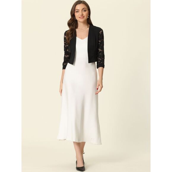 Lace Bolero Shrug Dress Wedding Open Front Panel Lace Cardigan Black - Picture 4 of 6